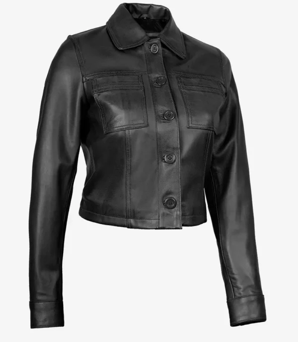 Black Cropped Leather Jacket – Front View with Shirt Collar