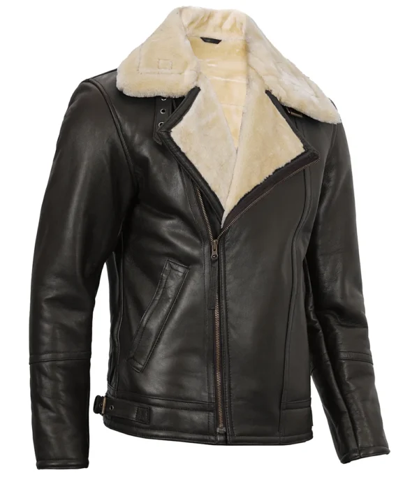 Real Lambskin Leather Jacket with Faux Shearling Collar