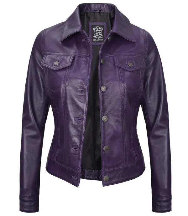 Purple Leather Trucker Jacket – Front View