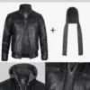 Black Leather Bomber Jacket – Front View with Hood Attached