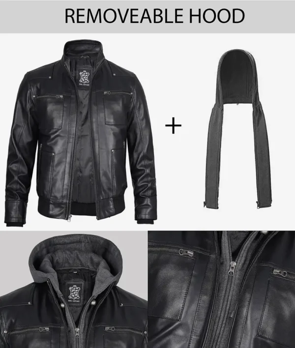 Black Leather Bomber Jacket – Front View with Hood Attached