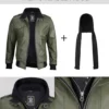 Olive Green Bomber Leather Jacket with Removable Hood – Front View with Zip Closure