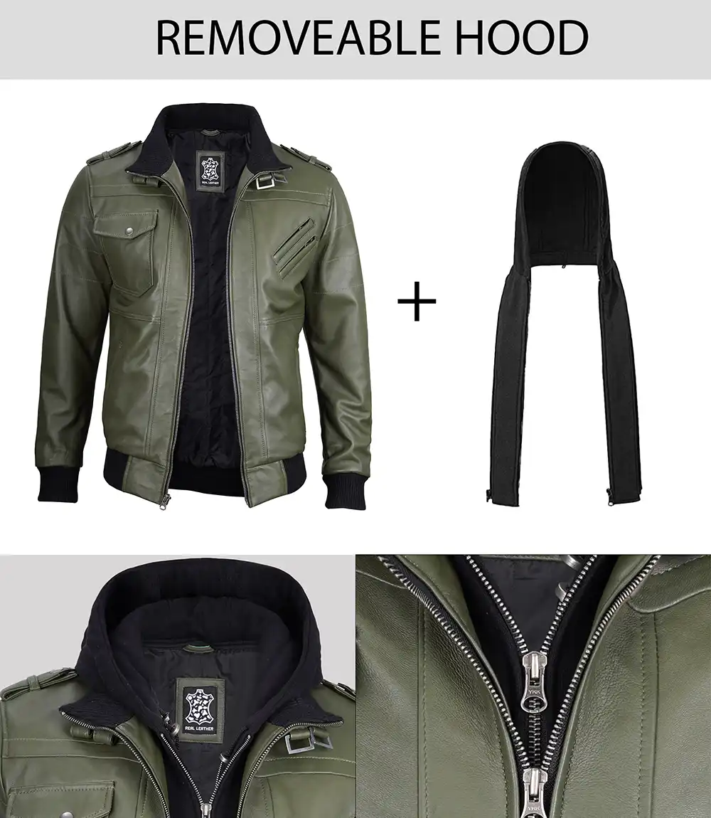 Olive Green Bomber Leather Jacket with Removable Hood – Front View with Zip Closure