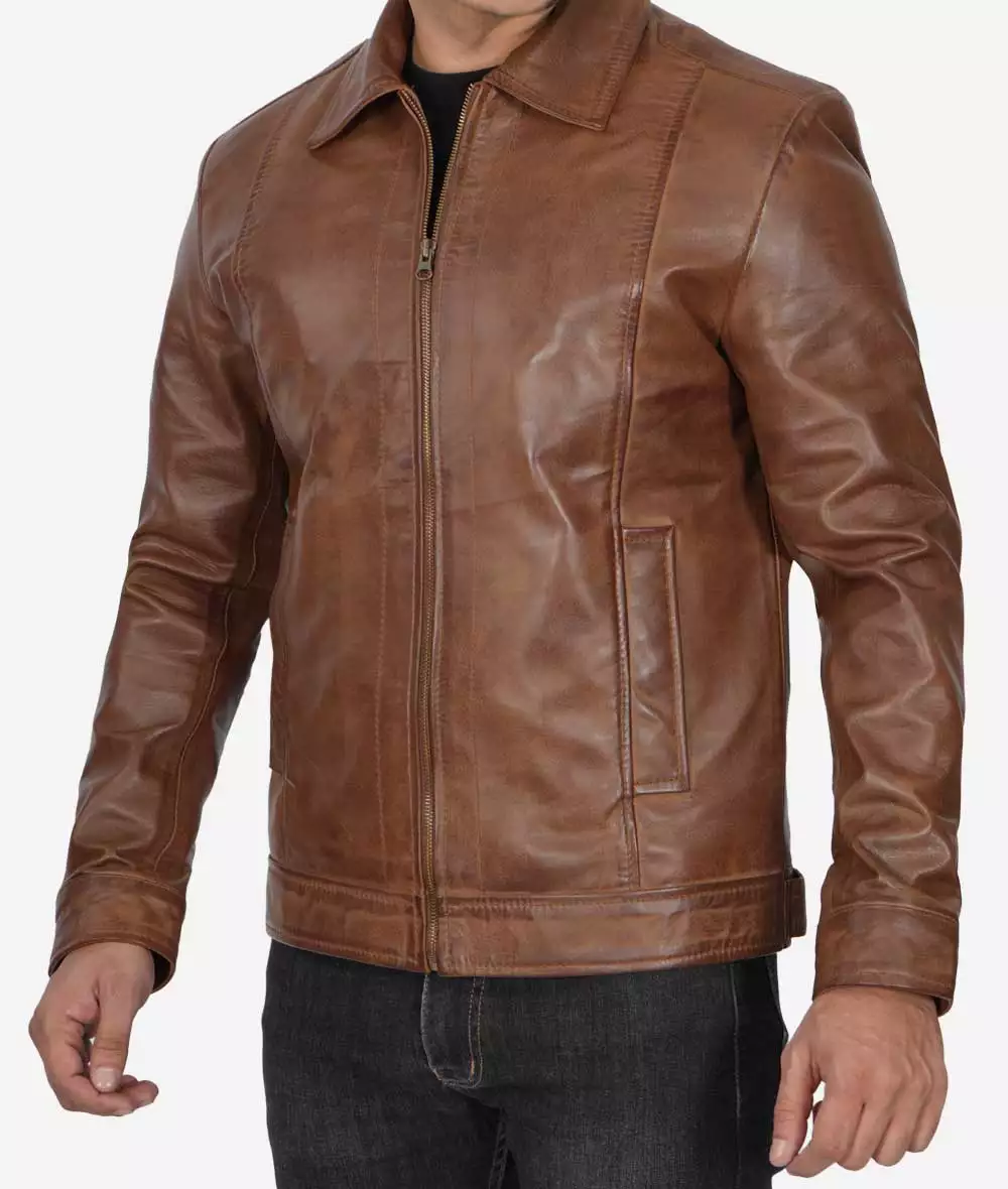 Reeves Men's Chocolate Brown Leather Jacket – Front View with Zip Closure