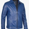 Classic Blue Leather Jacket – Front View with Shirt Collar and Zip Closure