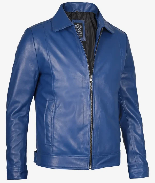 Classic Blue Leather Jacket – Front View with Shirt Collar and Zip Closure