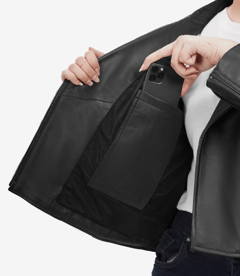 oversized black leather biker jacket with asymmetrical zip