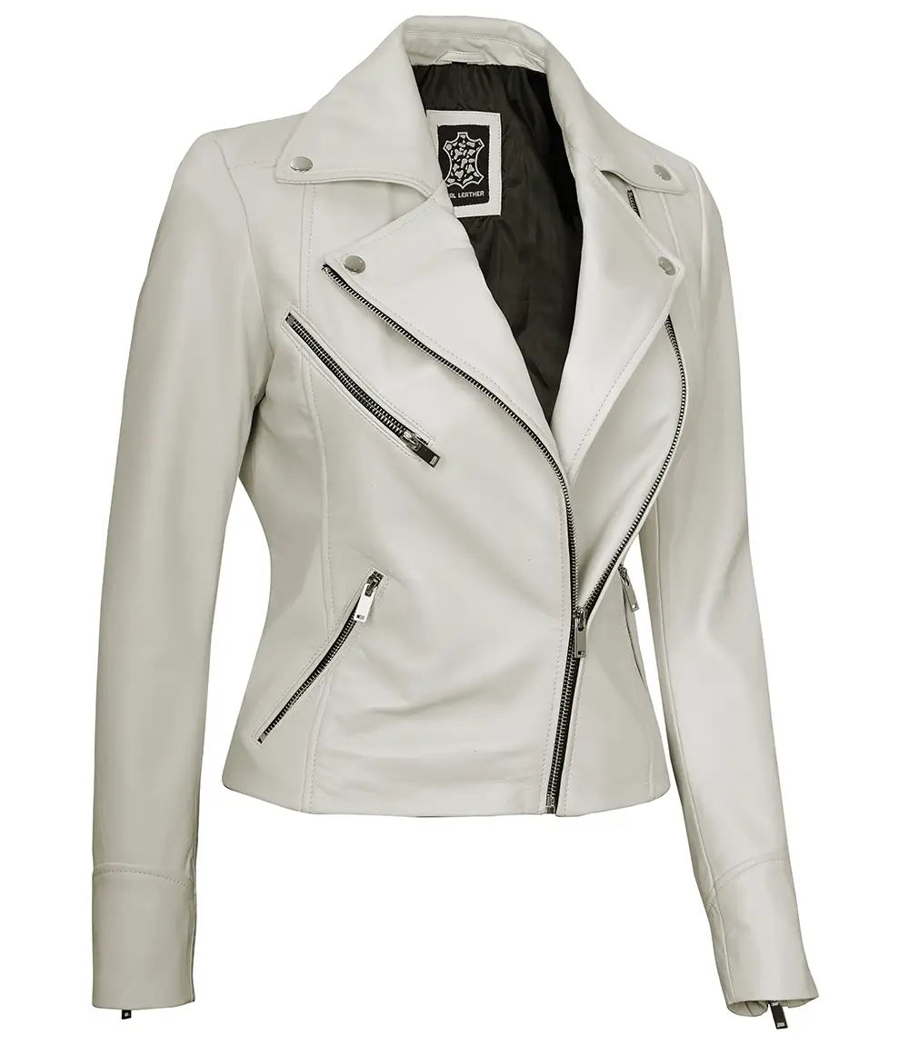Off-White Leather Moto Jacket – Front View with Asymmetrical Zipper