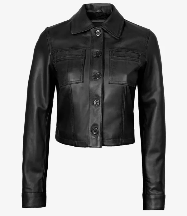 Black Cropped Leather Jacket – Front View with Shirt Collar