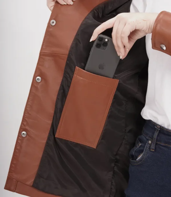 Relaxed Fit of Cognac Brown Oversized Leather Jacket with Full-Length Sleeves