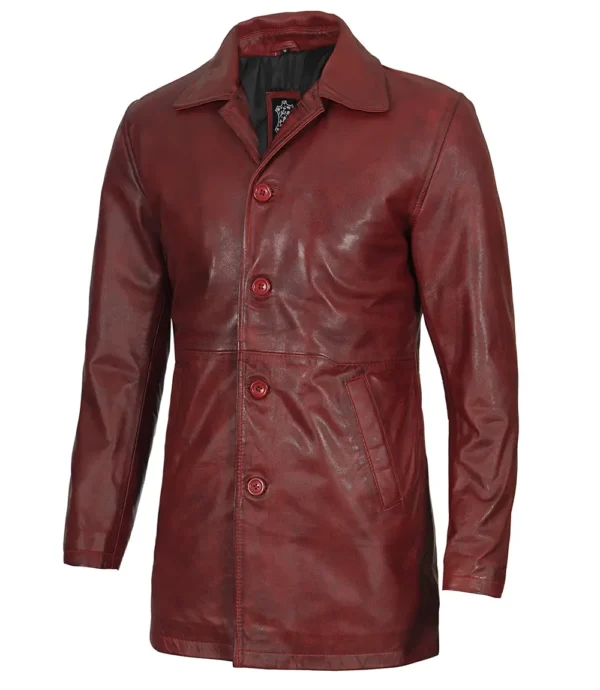 Maroon Leather Car Coat – Front View with Spread Collar