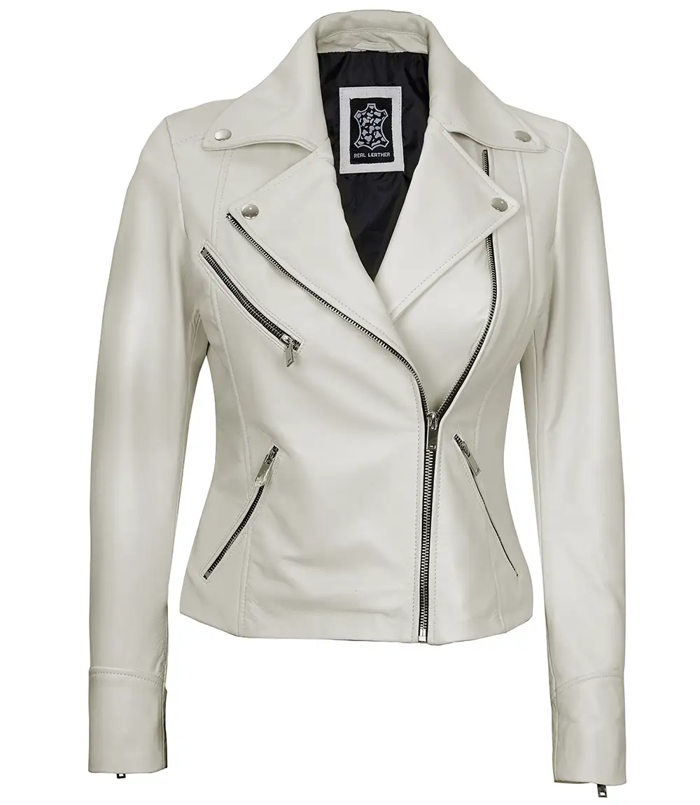 Off-White Leather Moto Jacket – Front View with Asymmetrical Zipper
