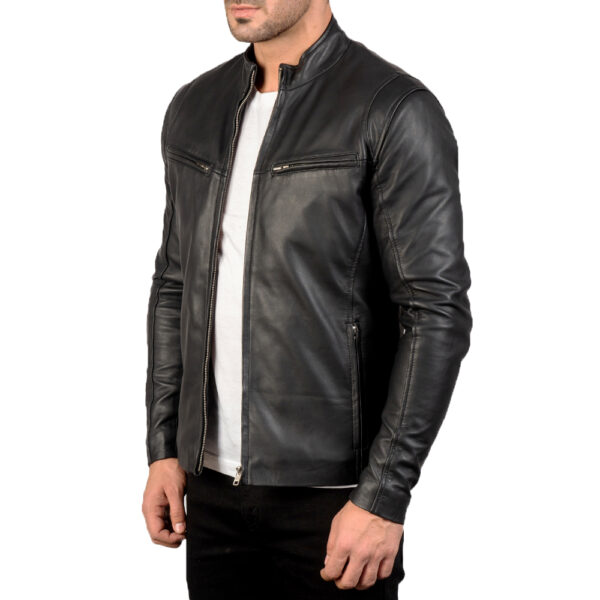 Black Sheepskin Leather Moto Jacket – Aniline Finish & Zipper Cuffs Side View