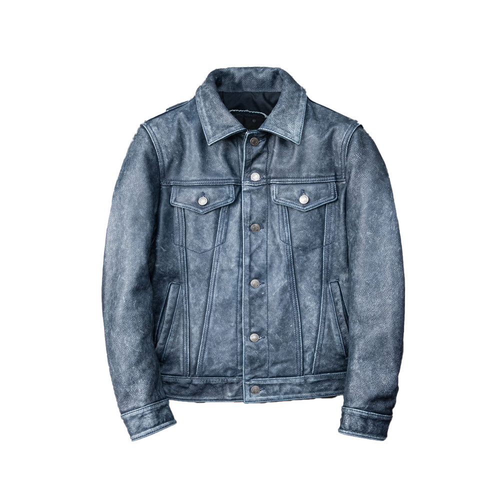 Men’s Distressed Blue Lambskin Leather Jacket – Front View with Shirt Collar & Button Closure