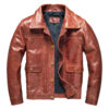 Brown Safari Leather Jacket – Front View with Turn-Down Collar