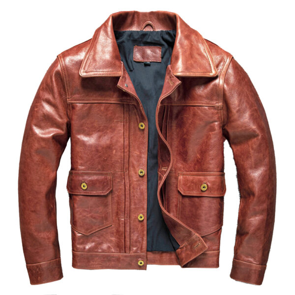 Brown Safari Leather Jacket – Front View with Turn-Down Collar