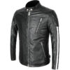 Men's black moto leather jacket front view