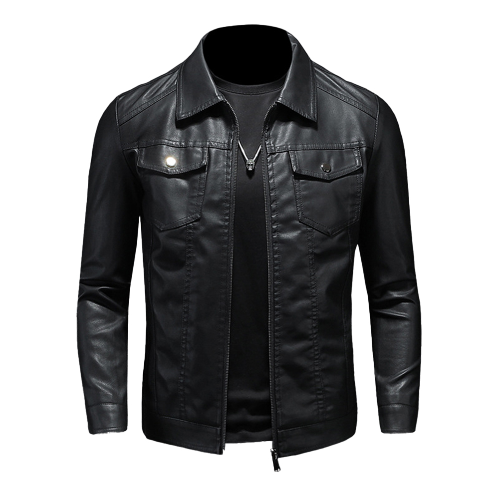 Man Wearing Black PU Leather Jacket with Jeans for Casual Outing