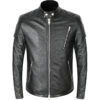 Men's black moto leather jacket front view