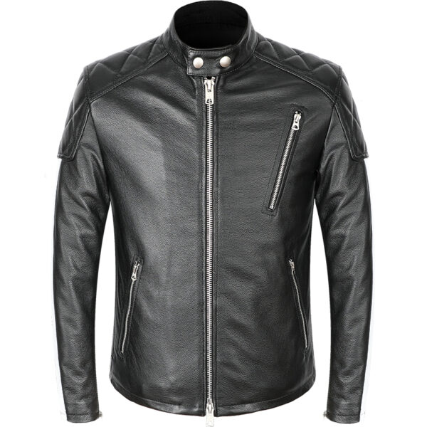 Men's black moto leather jacket front view