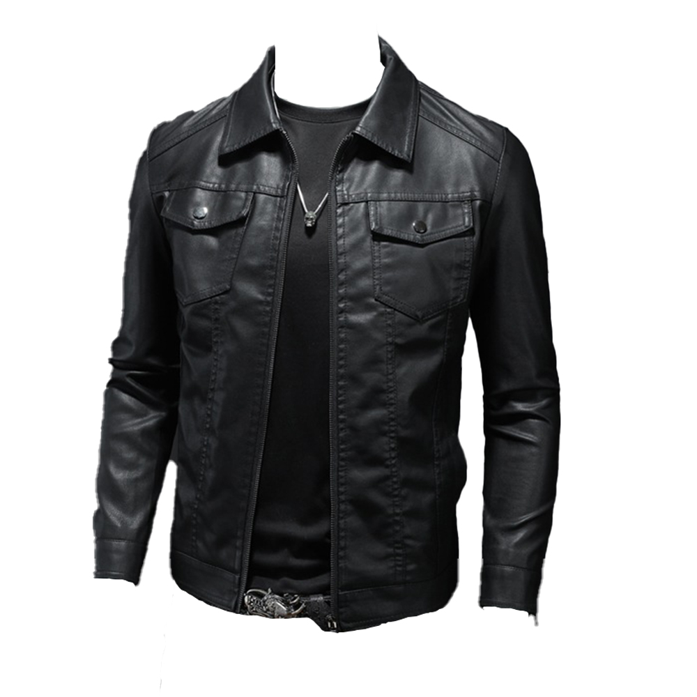 Man Wearing Black PU Leather Jacket with Jeans for Casual Outing