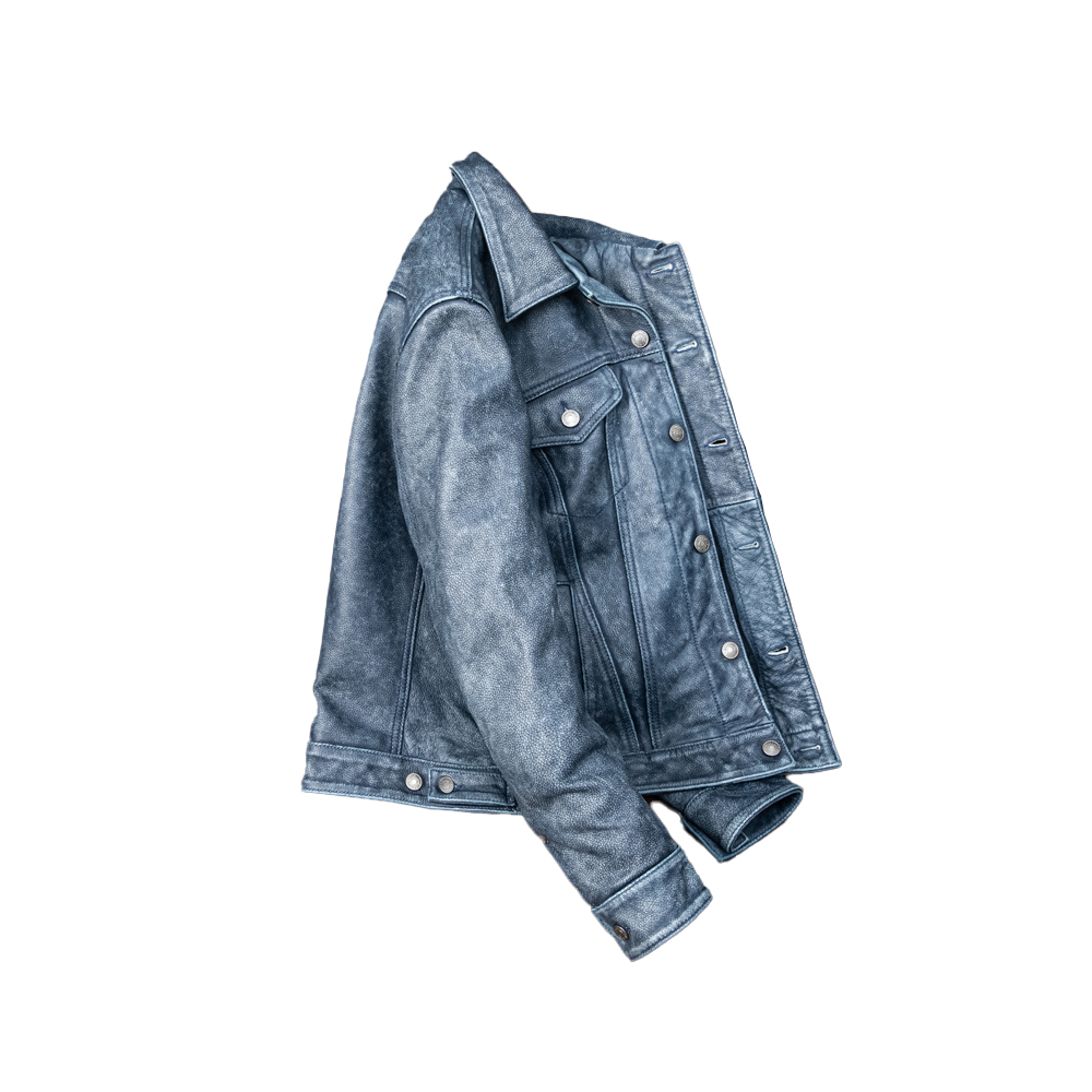 Men’s Distressed Blue Lambskin Leather Jacket – Front View with Shirt Collar & Button Closure