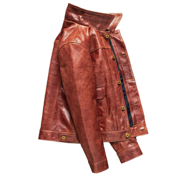 Brown Safari Leather Jacket – Side View with Turn-Down Collar