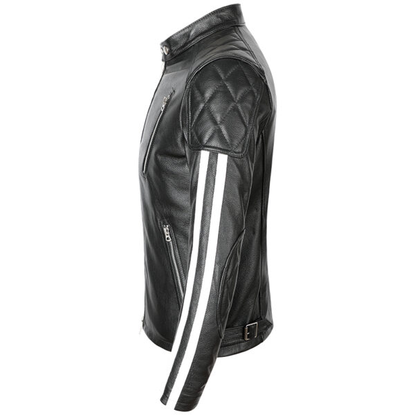 Men's black moto leather jacket side view