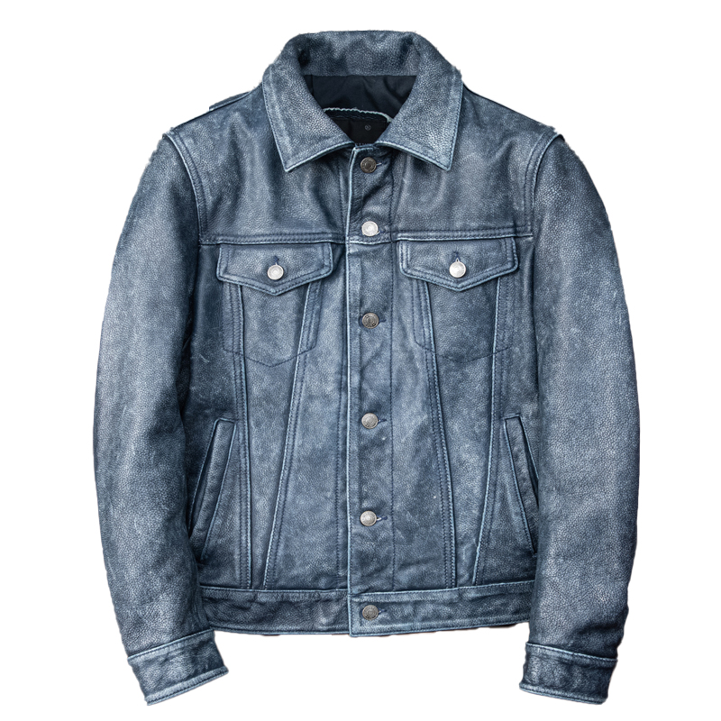 Men’s Distressed Blue Lambskin Leather Jacket – Front View with Shirt Collar & Button Closure