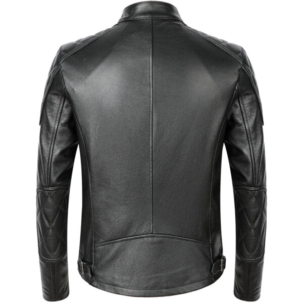 Men's black moto leather jacket back view