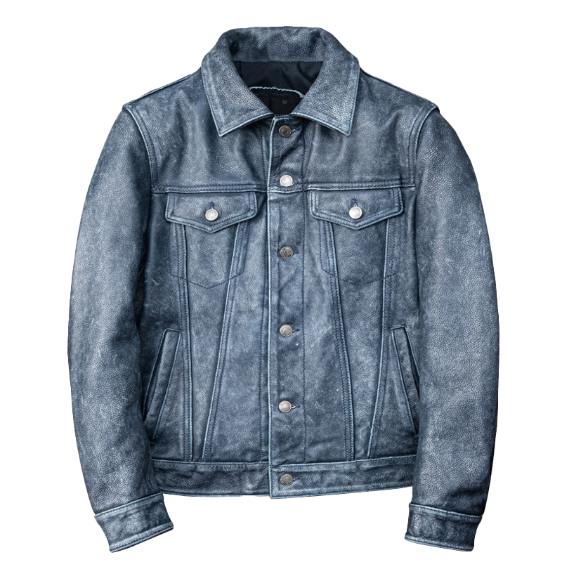 Men’s Distressed Blue Lambskin Leather Jacket – Front View with Shirt Collar & Button Closure