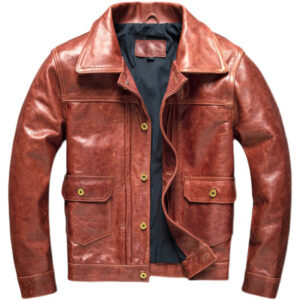 Brown Safari Leather Jacket – Front View with Turn-Down Collar