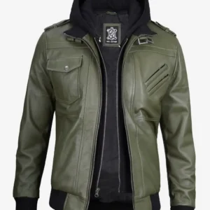 Olive Green Bomber Leather Jacket with Removable Hood – Front View with Zip Closure