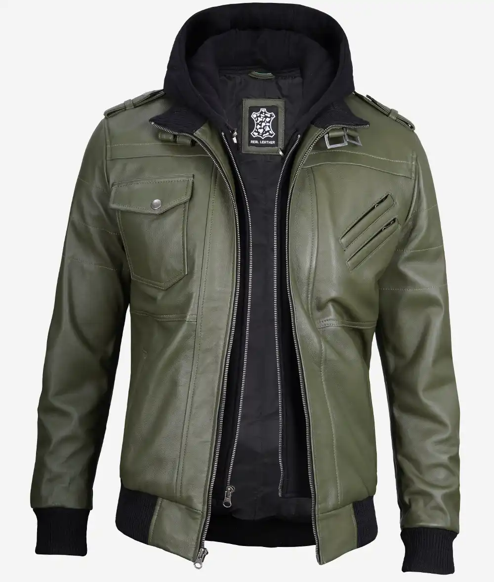 Olive Green Bomber Leather Jacket with Removable Hood – Front View with Zip Closure