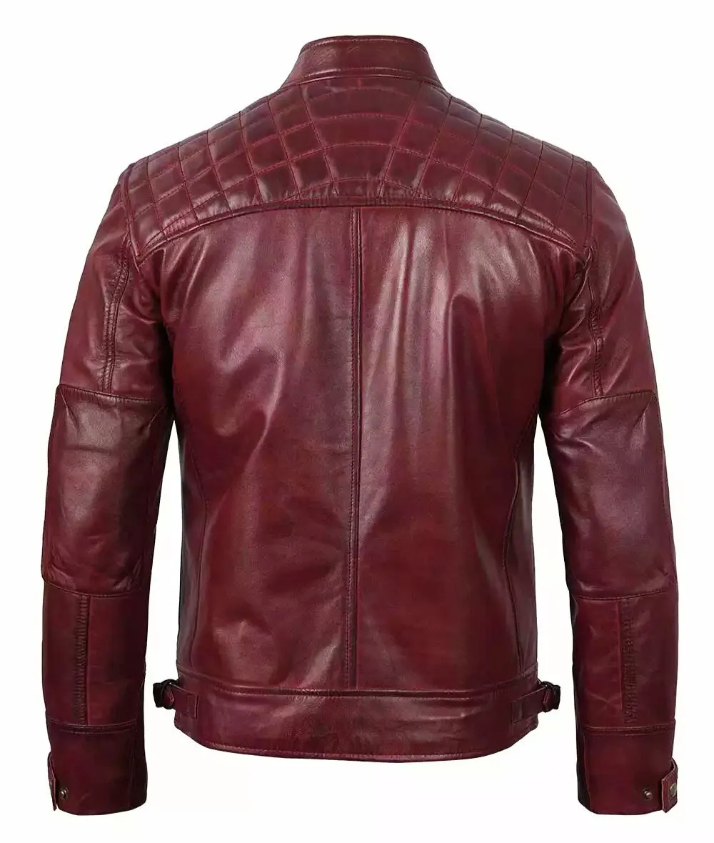 Maroon Leather Biker Jacket – Back View with Quilted Shoulders
