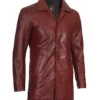 Maroon Leather Car Coat – Front View with Spread Collar