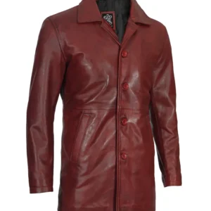 Maroon Leather Car Coat – Front View with Spread Collar