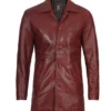 Maroon Leather Car Coat – Front View with Spread Collar