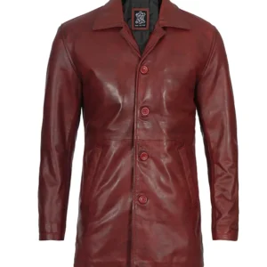 Maroon Leather Car Coat – Front View with Spread Collar