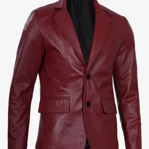 Maroon Leather Blazer – Front View with Notch Lapel