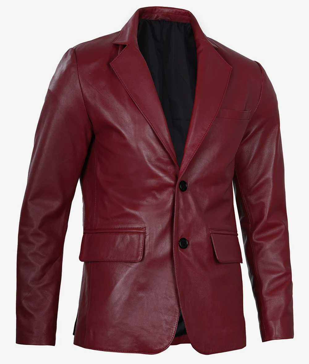 Maroon Leather Blazer – Front View with Notch Lapel