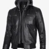 Black Leather Bomber Jacket – Front View with Hood Attached