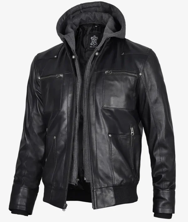 Black Leather Bomber Jacket – Front View with Hood Attached