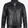 Black Leather Bomber Jacket – Front View