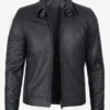 Luxe Noir Crocodile-Embossed Calfskin Jacket – Front View with Tailored Shirt Collar and Zip Closure