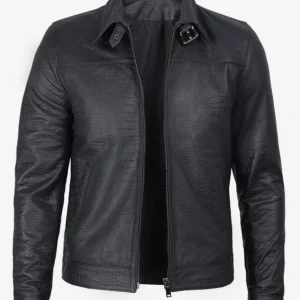 Luxe Noir Crocodile-Embossed Calfskin Jacket – Front View with Tailored Shirt Collar and Zip Closure