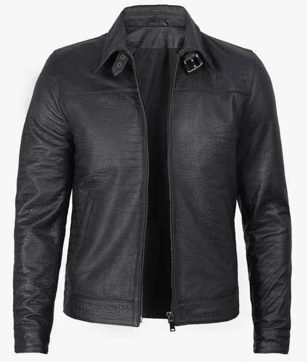 Luxe Noir Crocodile-Embossed Calfskin Jacket – Front View with Tailored Shirt Collar and Zip Closure