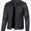 Luxe Noir Crocodile-Embossed Calfskin Jacket – Front View with Tailored Shirt Collar and Zip Closure