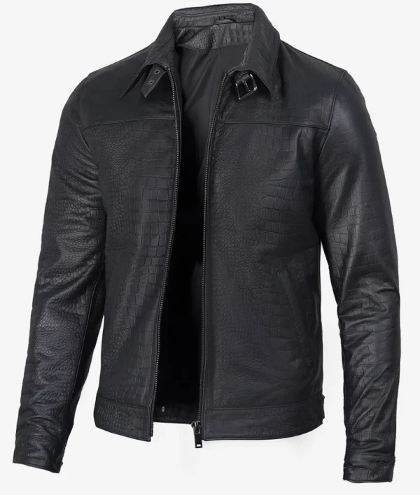 Luxe Noir Crocodile-Embossed Calfskin Jacket – Front View with Tailored Shirt Collar and Zip Closure