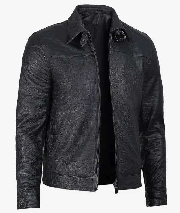 Luxe Noir Crocodile-Embossed Calfskin Jacket – Front View with Tailored Shirt Collar and Zip Closure